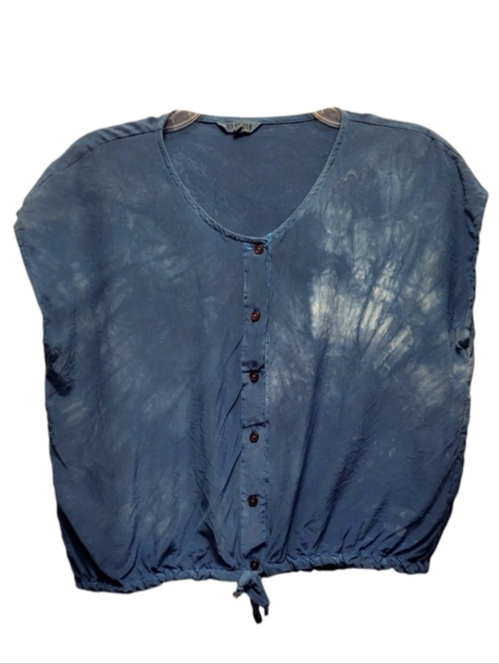 Ali Golden Women's Blue Tie Dye Button-Down Boxy Raw Silk Blouse - One Size